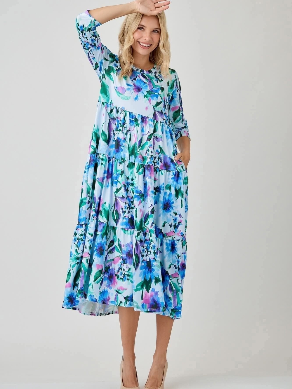 Celeste Aqua Floral Tiered Midi Dress with Green Accents